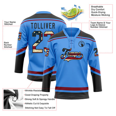 Custom Powder Blue Vintage USA Flag Black-Maroon Hockey Lace Neck Jersey