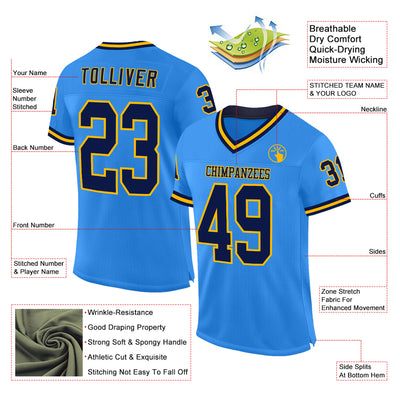 Custom Powder Blue Navy-Gold Mesh Authentic Throwback Football Jersey