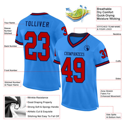 Custom Powder Blue Red-Navy Mesh Authentic Throwback Football Jersey