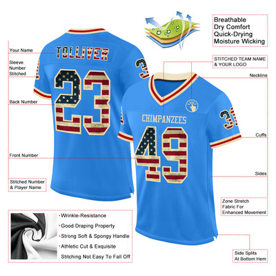 Custom Powder Blue Vintage USA Flag Cream-Red Mesh Authentic Throwback Football Jersey