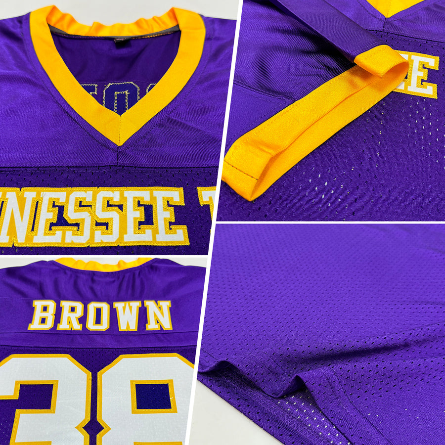 Custom Purple White-Gold Mesh Authentic Football Jersey