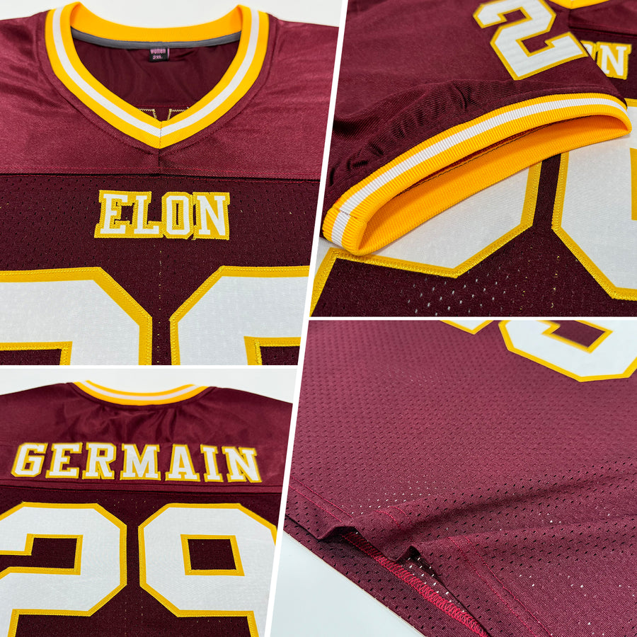 Custom Burgundy White-Gold Mesh Authentic Throwback Football Jersey