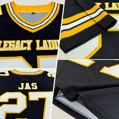 Custom Black White-Gold Mesh Authentic Football Jersey