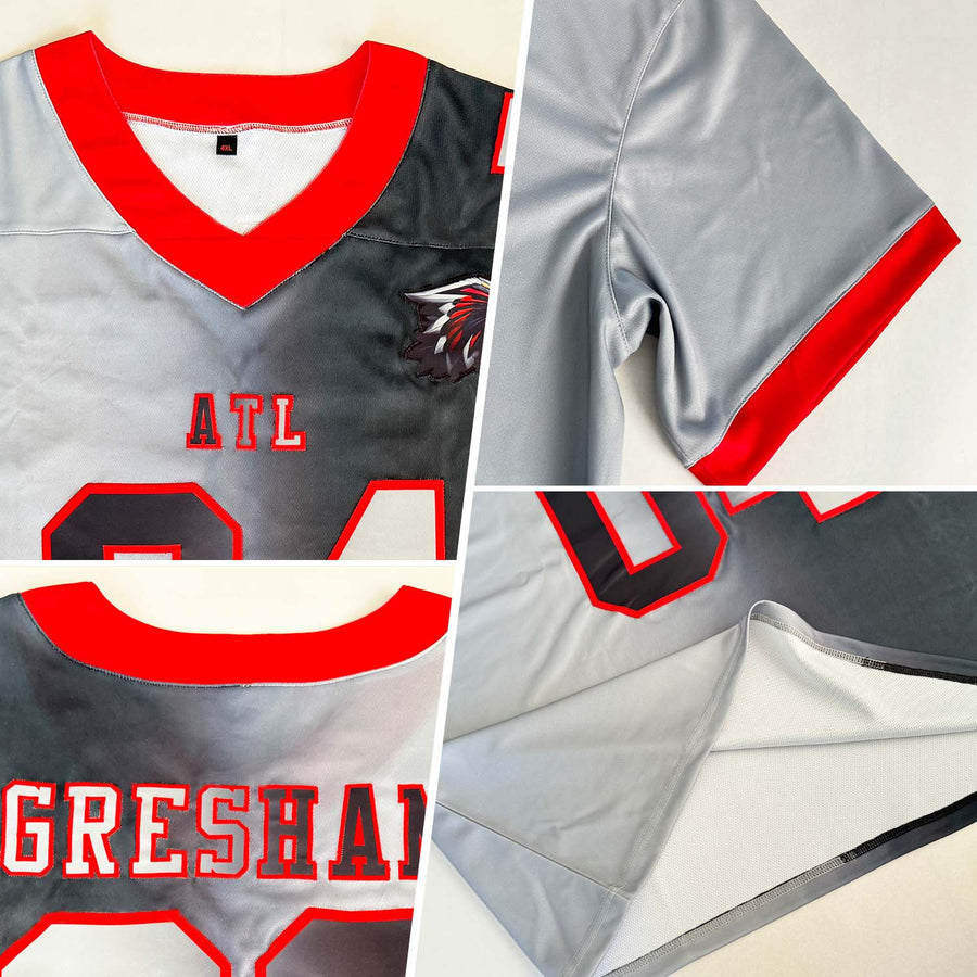 Custom Black Gray-Red Mesh Authentic Gradient Fashion Football Jersey