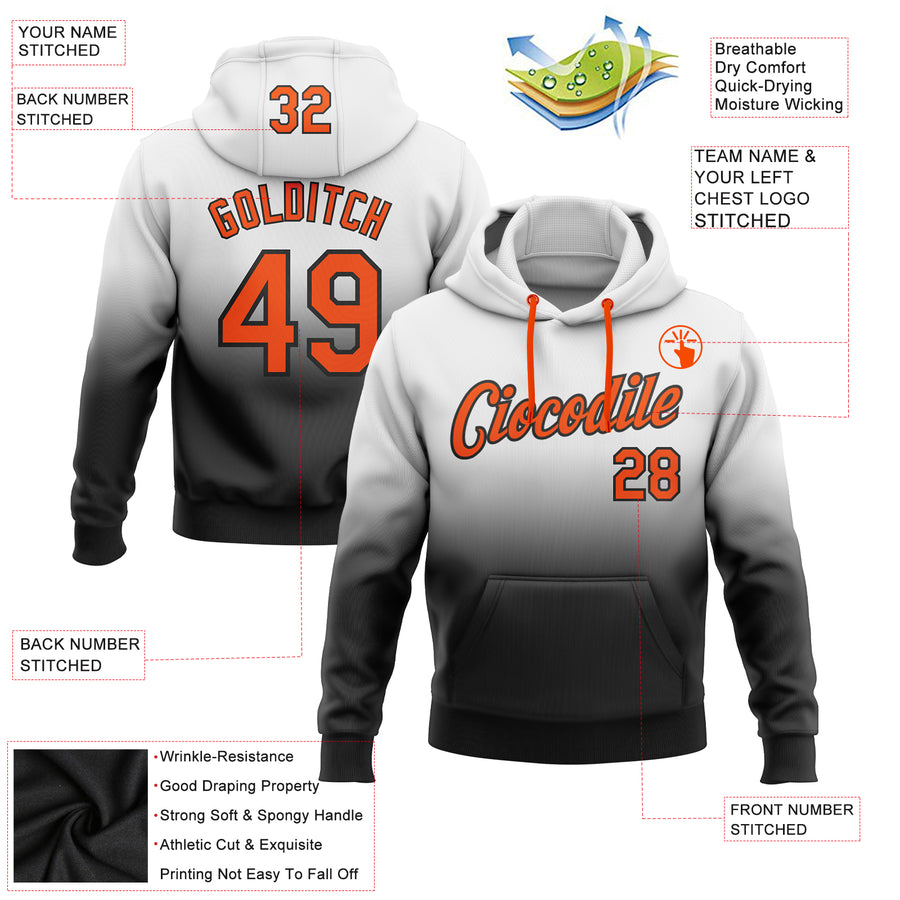 Custom Stitched White Orange-Black Fade Fashion Sports Pullover Sweatshirt Hoodie