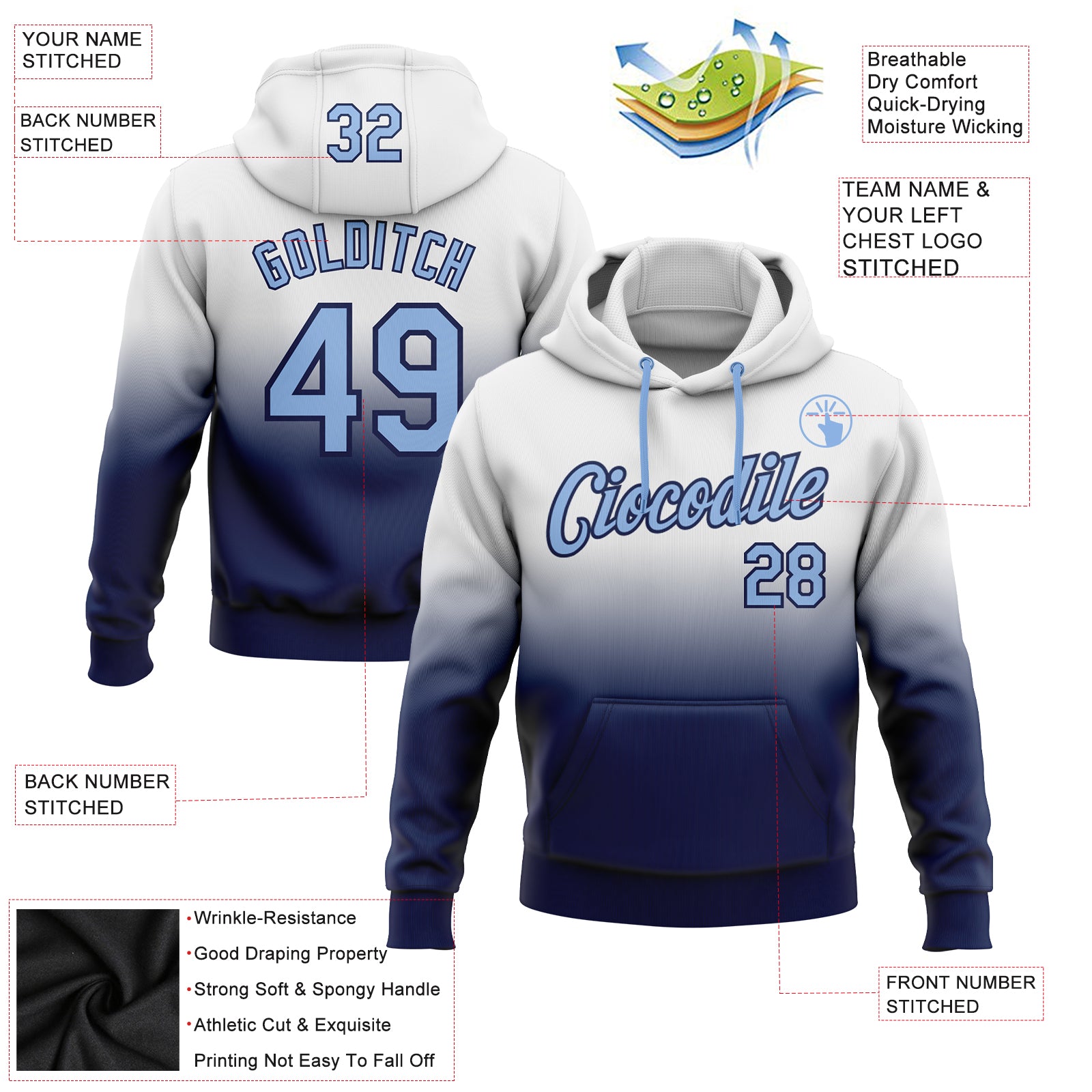 Custom Stitched White Light Blue-Navy Fade Fashion Sports Pullover Sweatshirt Hoodie