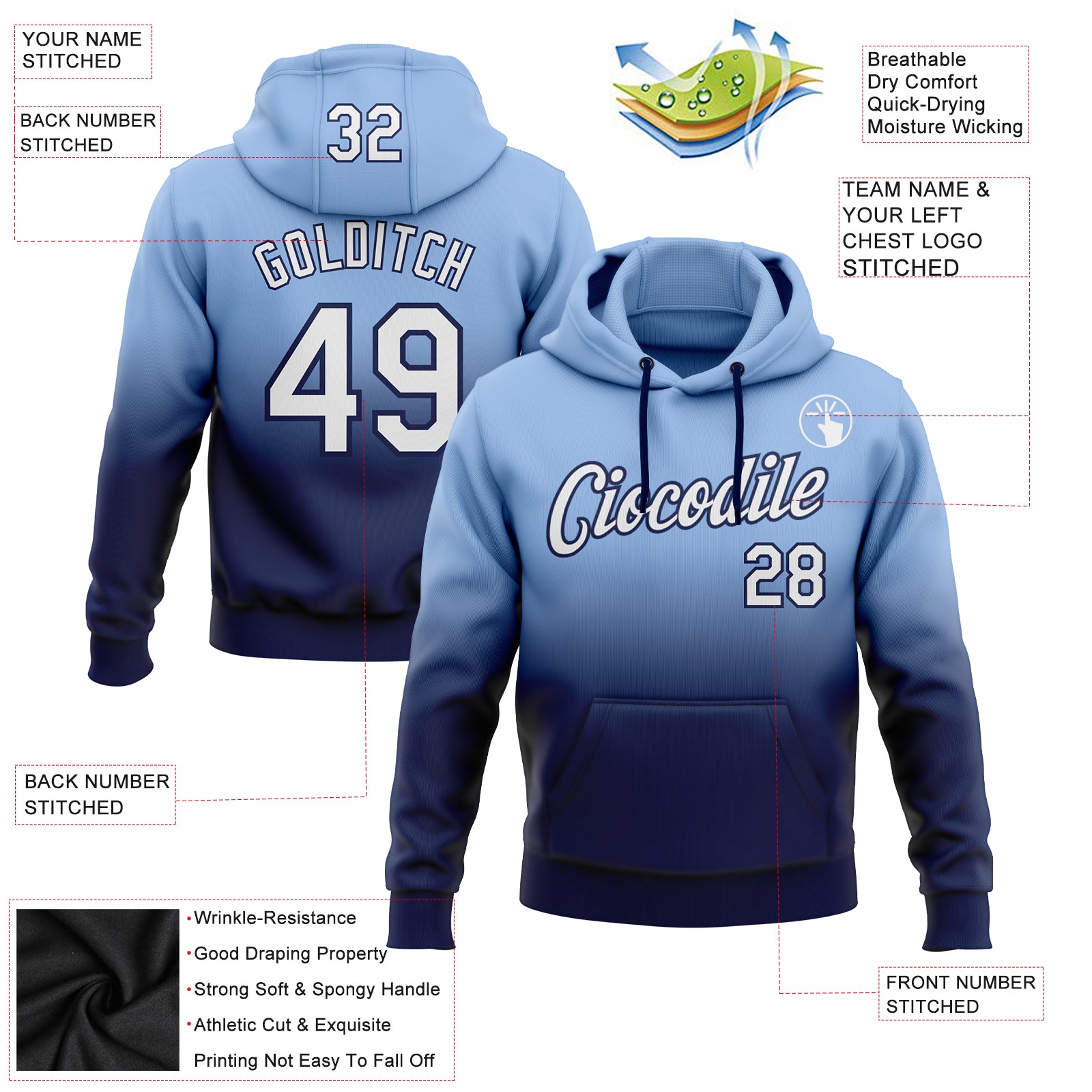 Custom Stitched Light Blue White-Navy Fade Fashion Sports Pullover Sweatshirt Hoodie