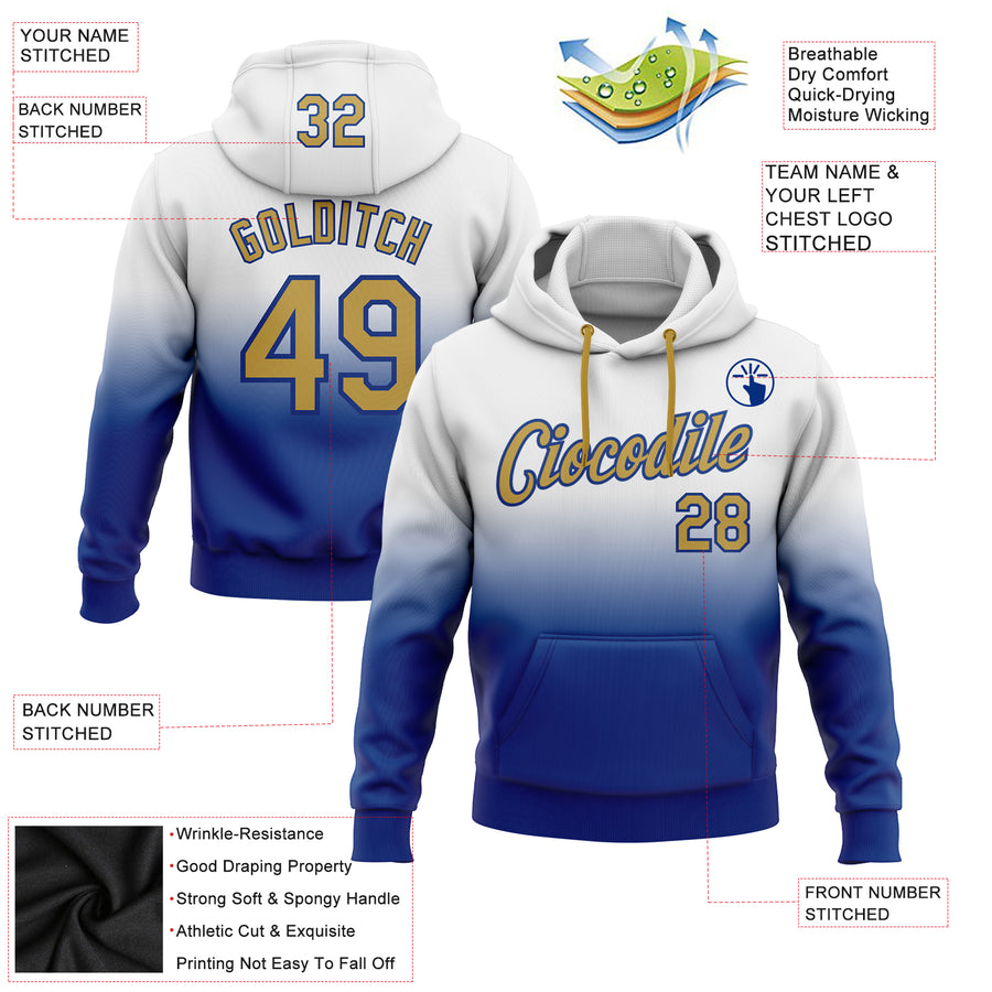 Custom Stitched White Old Gold-Royal Fade Fashion Sports Pullover Sweatshirt Hoodie