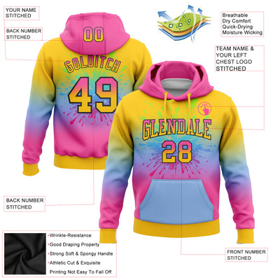 Custom Stitched Yellow Pink Light Blue-Black Fade Fashion Splash Sports Pullover Sweatshirt Hoodie