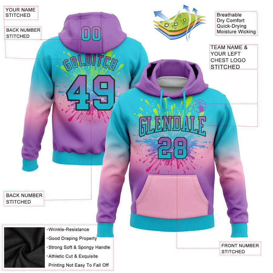 Custom Stitched Lakes Blue Medium Purple Light Pink-Black Fade Fashion Splash Sports Pullover Sweatshirt Hoodie