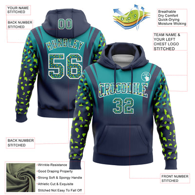 Custom Stitched Teal Navy-White Fade Fashion Leopard Print Sports Pullover Sweatshirt Hoodie