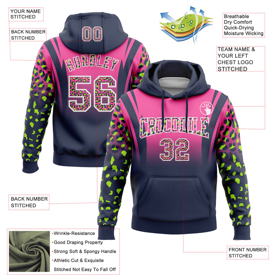 Custom Stitched Pink Navy-White Fade Fashion Leopard Print Sports Pullover Sweatshirt Hoodie