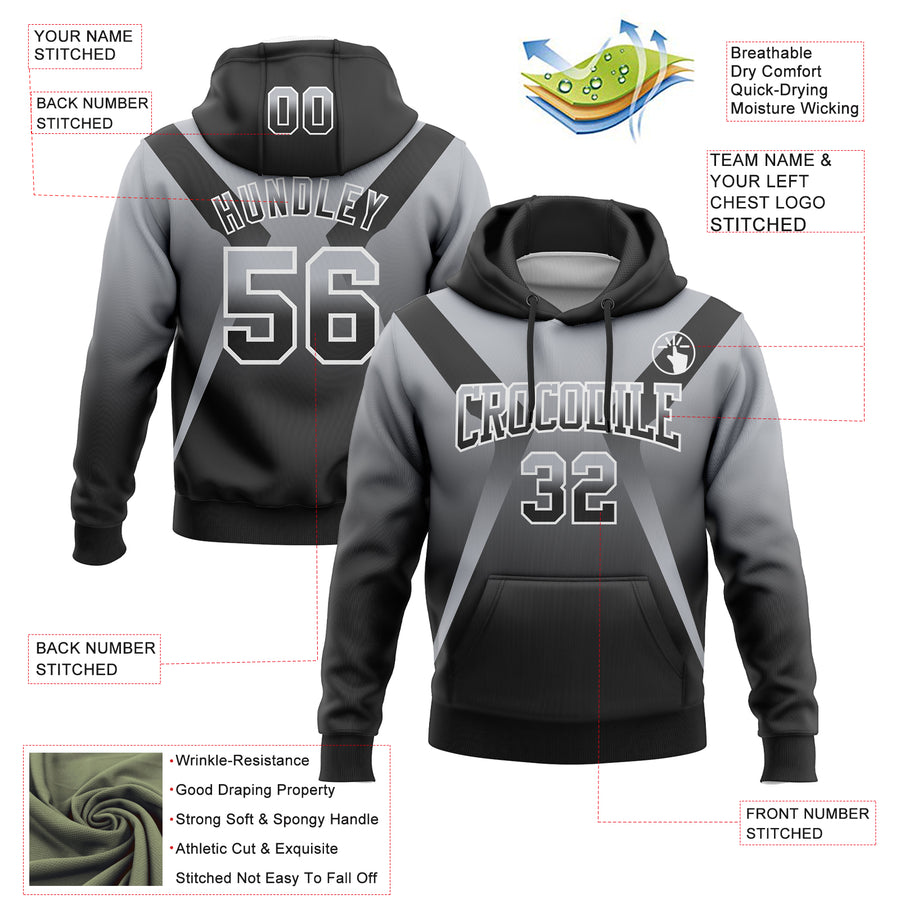 Custom Stitched Gray Black-White Fade Fashion Arrow Sports Pullover Sweatshirt Hoodie