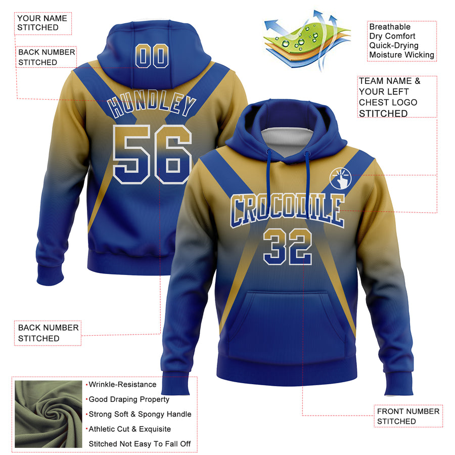 Custom Stitched Old Gold Royal-White Fade Fashion Arrow Sports Pullover Sweatshirt Hoodie