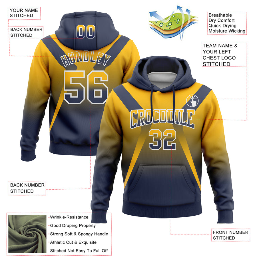 Custom Stitched Gold Navy-White Fade Fashion Arrow Sports Pullover Sweatshirt Hoodie