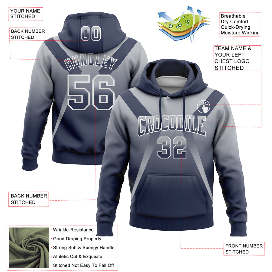 Custom Stitched Gray Navy-White Fade Fashion Arrow Sports Pullover Sweatshirt Hoodie