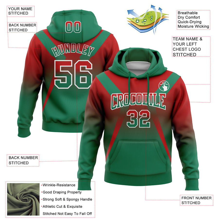 Custom Stitched Red Kelly Green-White Fade Fashion Arrow Sports Pullover Sweatshirt Hoodie