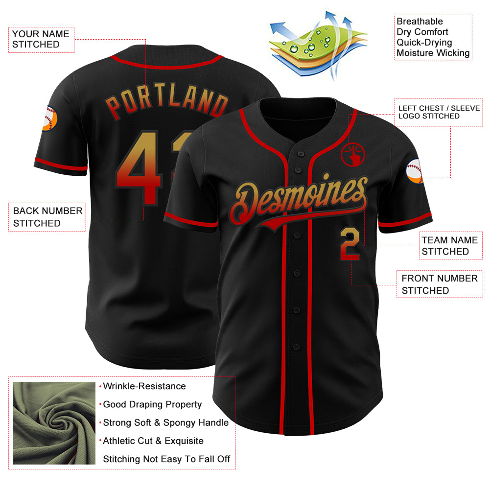 Custom Black Old Gold-Red Authentic Fade Fashion Baseball Jersey