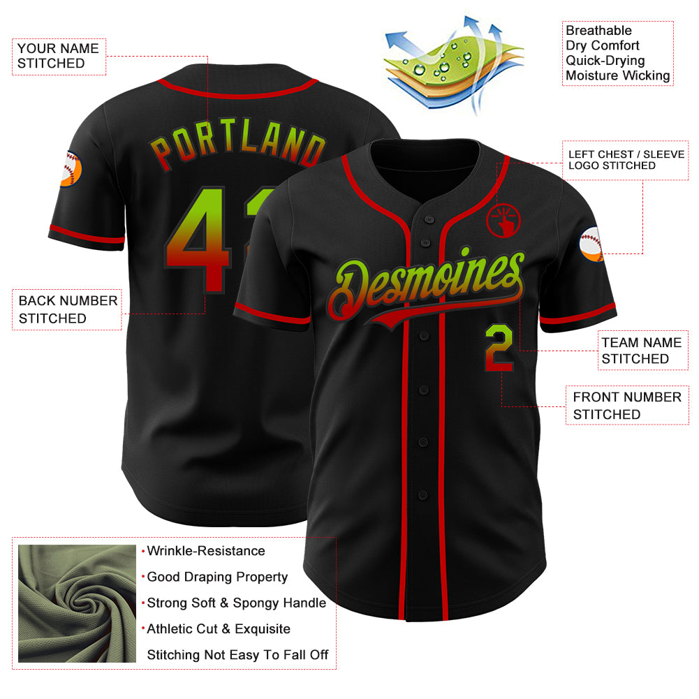 Custom Black Neon Green-Red Authentic Fade Fashion Baseball Jersey