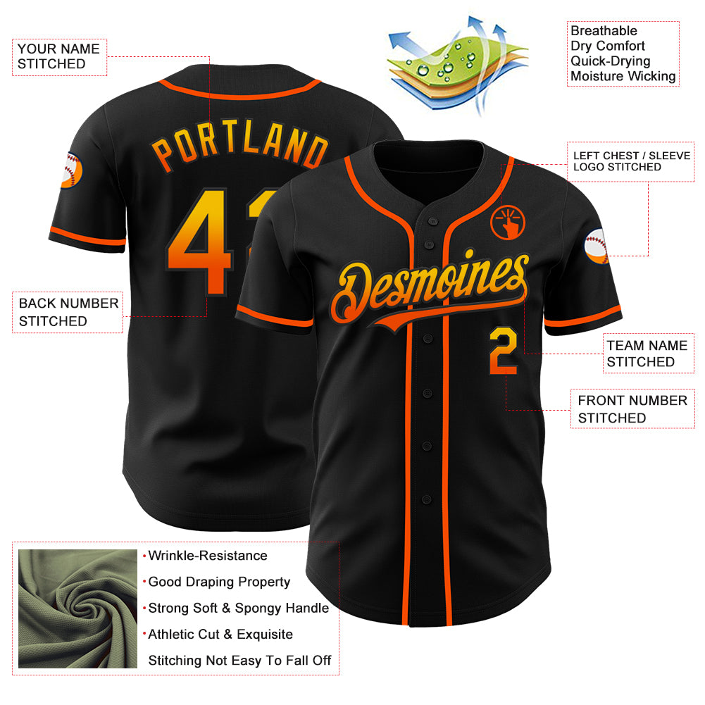 Custom Black Yellow-Orange Authentic Fade Fashion Baseball Jersey