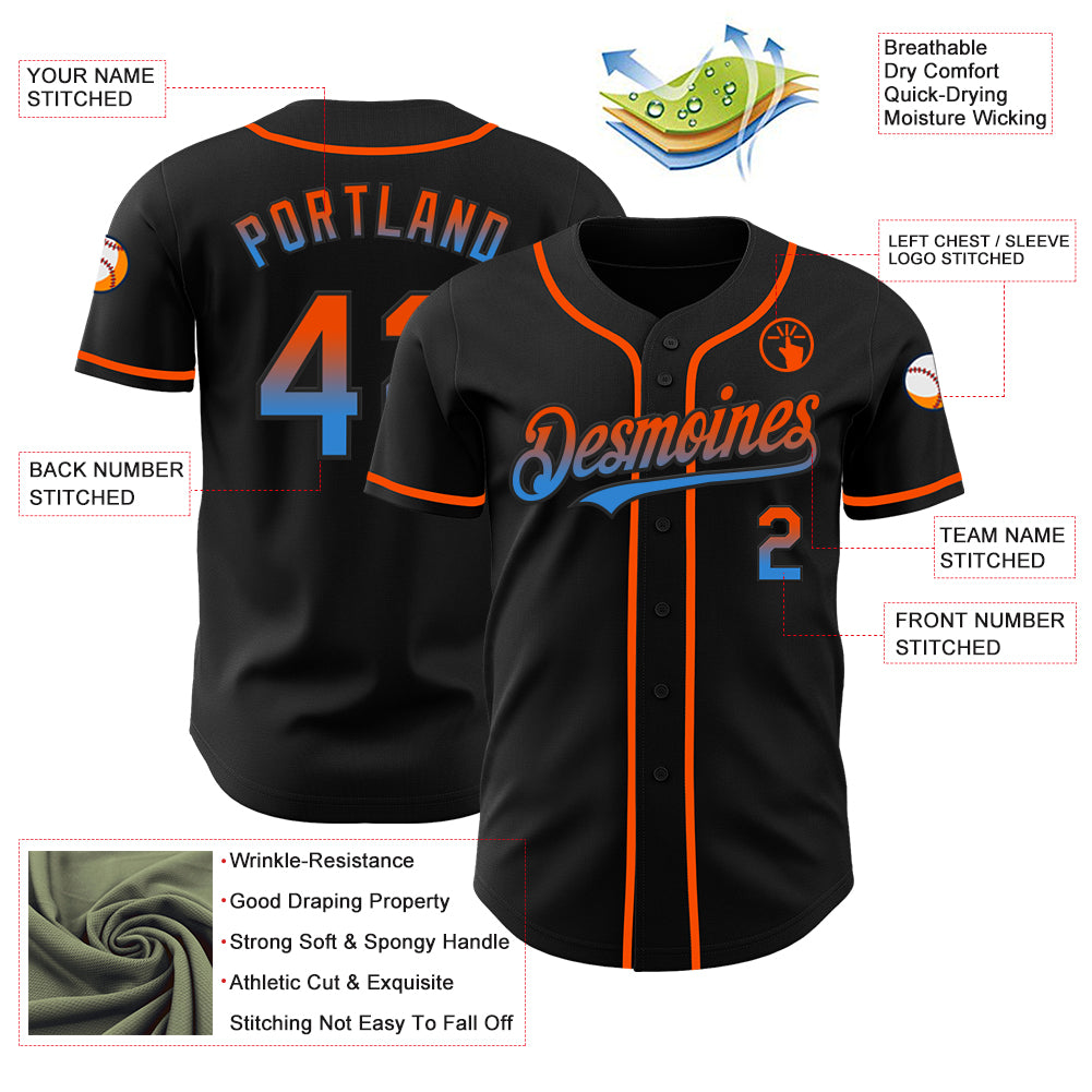 Custom Black Orange-Electric Blue Authentic Fade Fashion Baseball Jersey