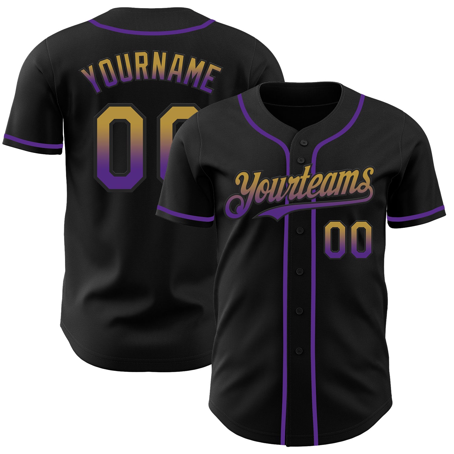 Custom Black Old Gold-Purple Authentic Fade Fashion Baseball Jersey