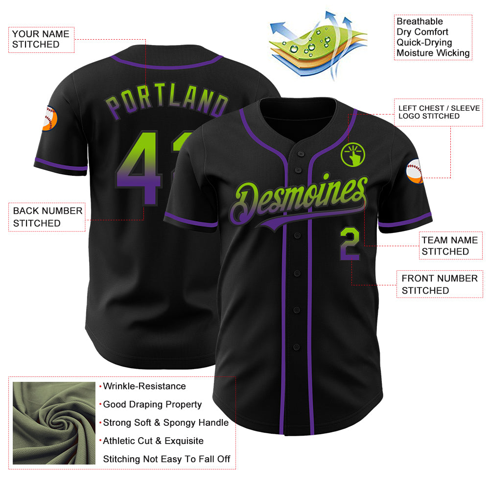 Custom Black Neon Green-Purple Authentic Fade Fashion Baseball Jersey