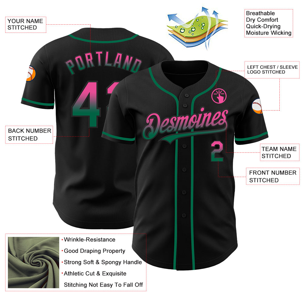 Custom Black Pink-Kelly Green Authentic Fade Fashion Baseball Jersey