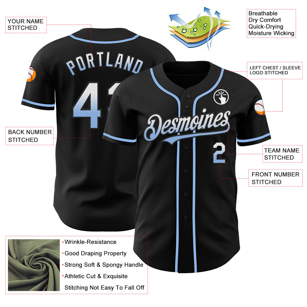 Custom Black White-Light Blue Authentic Fade Fashion Baseball Jersey