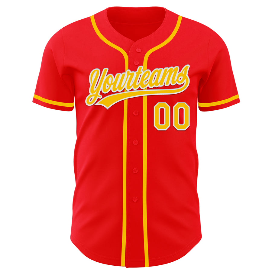 Custom Fire Red Yellow-White Authentic Baseball Jersey