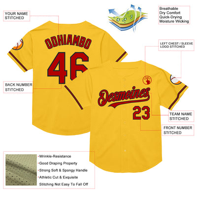 Custom Gold Red-Black Mesh Authentic Throwback Baseball Jersey