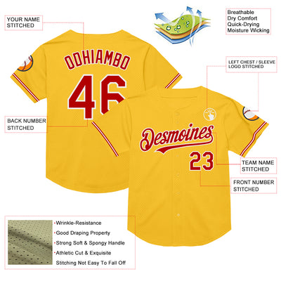 Custom Gold Red-White Mesh Authentic Throwback Baseball Jersey