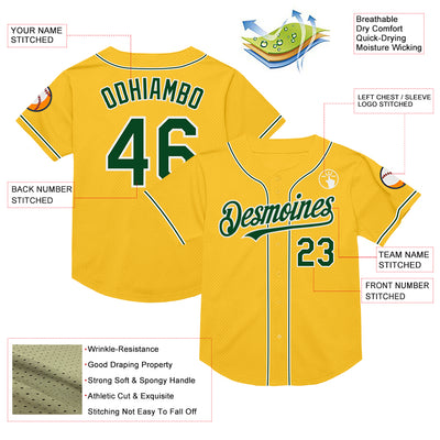 Custom Gold Green-White Mesh Authentic Throwback Baseball Jersey