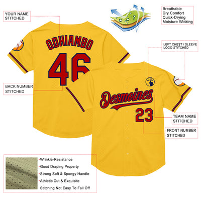 Custom Gold Red-Navy Mesh Authentic Throwback Baseball Jersey