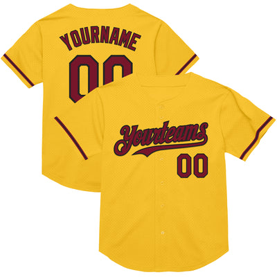 Custom Gold Crimson-Black Mesh Authentic Throwback Baseball Jersey