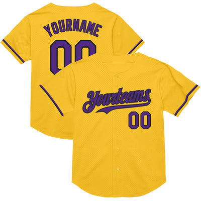 Custom Gold Purple-Black Mesh Authentic Throwback Baseball Jersey