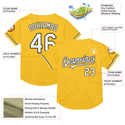 Custom Gold White-Black Mesh Authentic Throwback Baseball Jersey