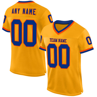 Custom Gold Royal-Orange Mesh Authentic Throwback Football Jersey