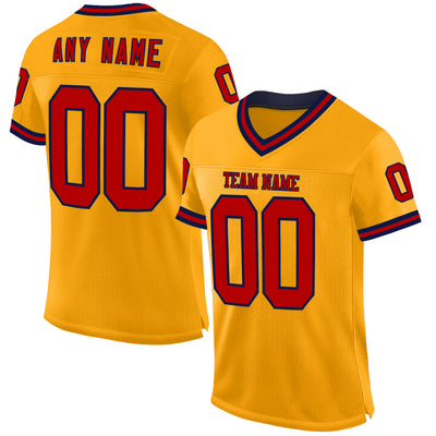 Custom Gold Red-Navy Mesh Authentic Throwback Football Jersey