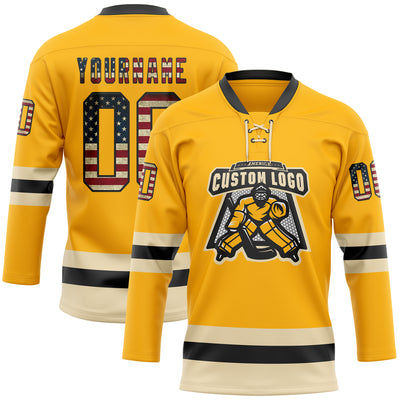 Custom Gold Vintage USA Flag Black-Cream Hockey Lace Neck Jersey