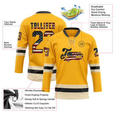 Custom Gold Vintage USA Flag Black-Cream Hockey Lace Neck Jersey