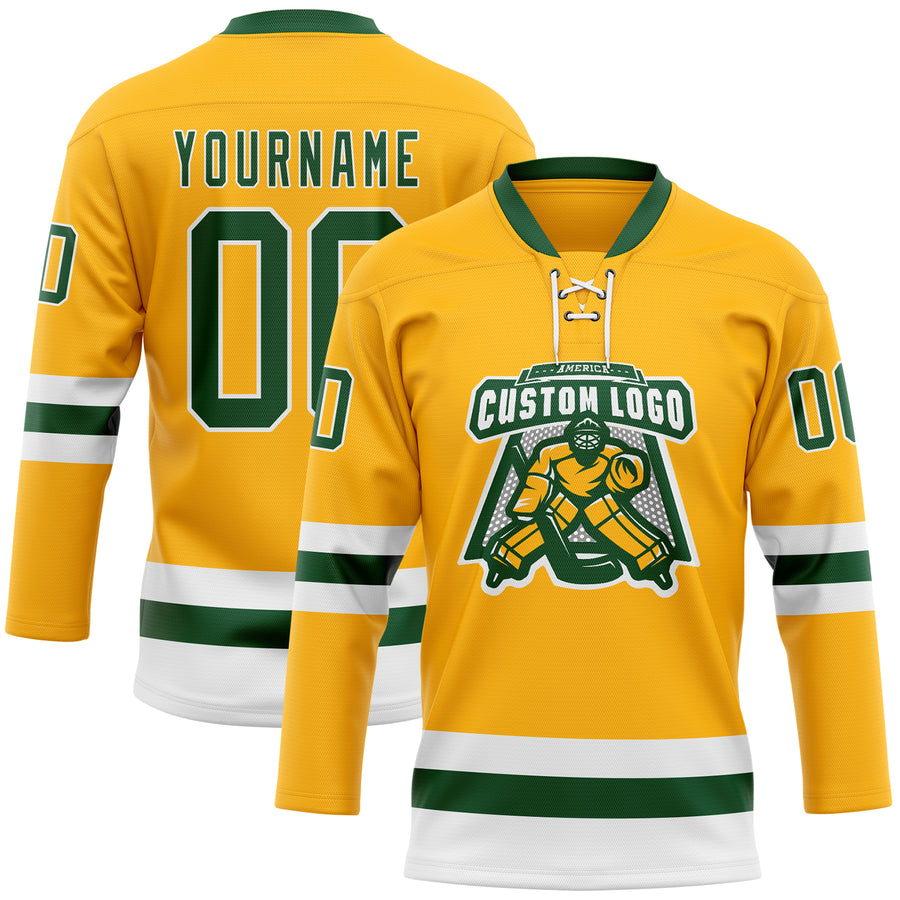 Custom Gold Green-White Hockey Lace Neck Jersey