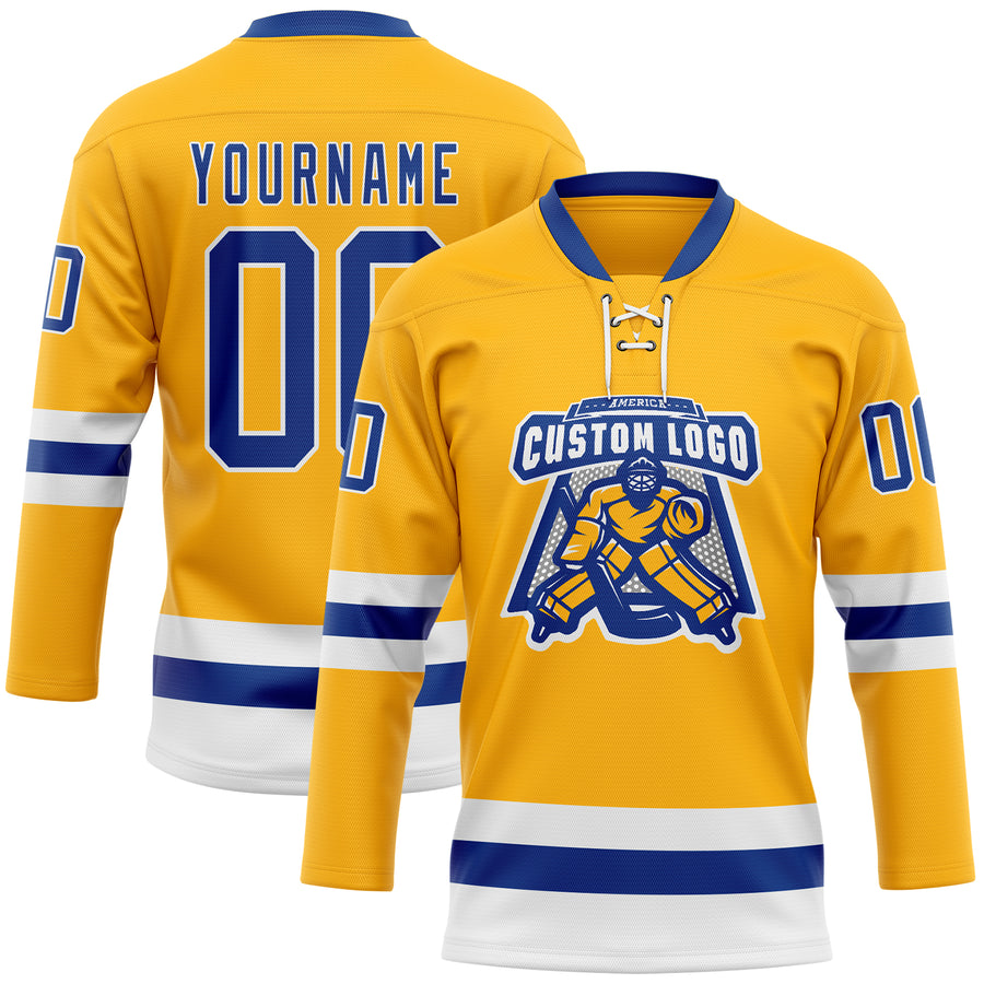 Custom Gold Royal-White Hockey Lace Neck Jersey