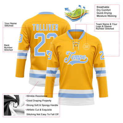 Custom Gold Light Blue-White Hockey Lace Neck Jersey