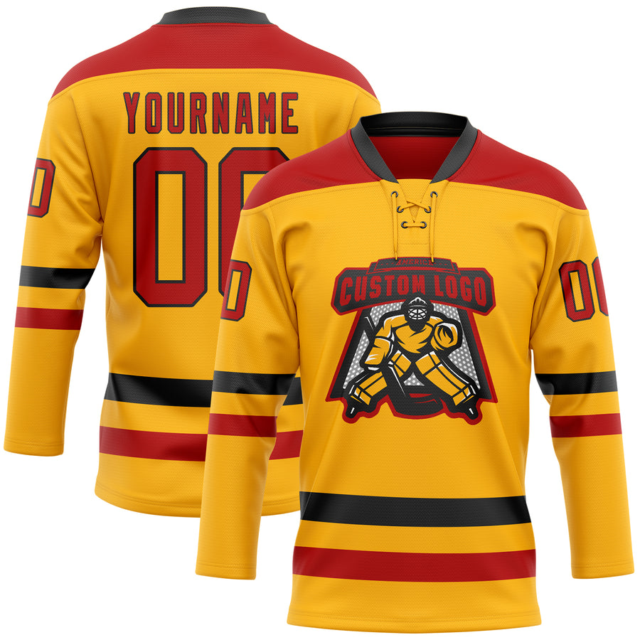 Custom Gold Red-Black Hockey Lace Neck Jersey