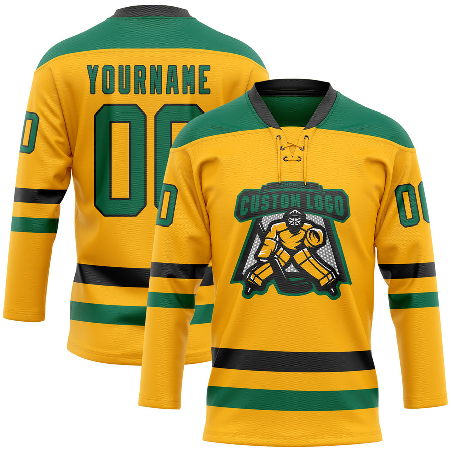 Custom Gold Kelly Green-Black Hockey Lace Neck Jersey