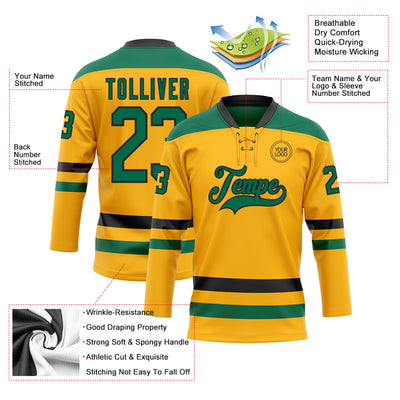 Custom Gold Kelly Green-Black Hockey Lace Neck Jersey