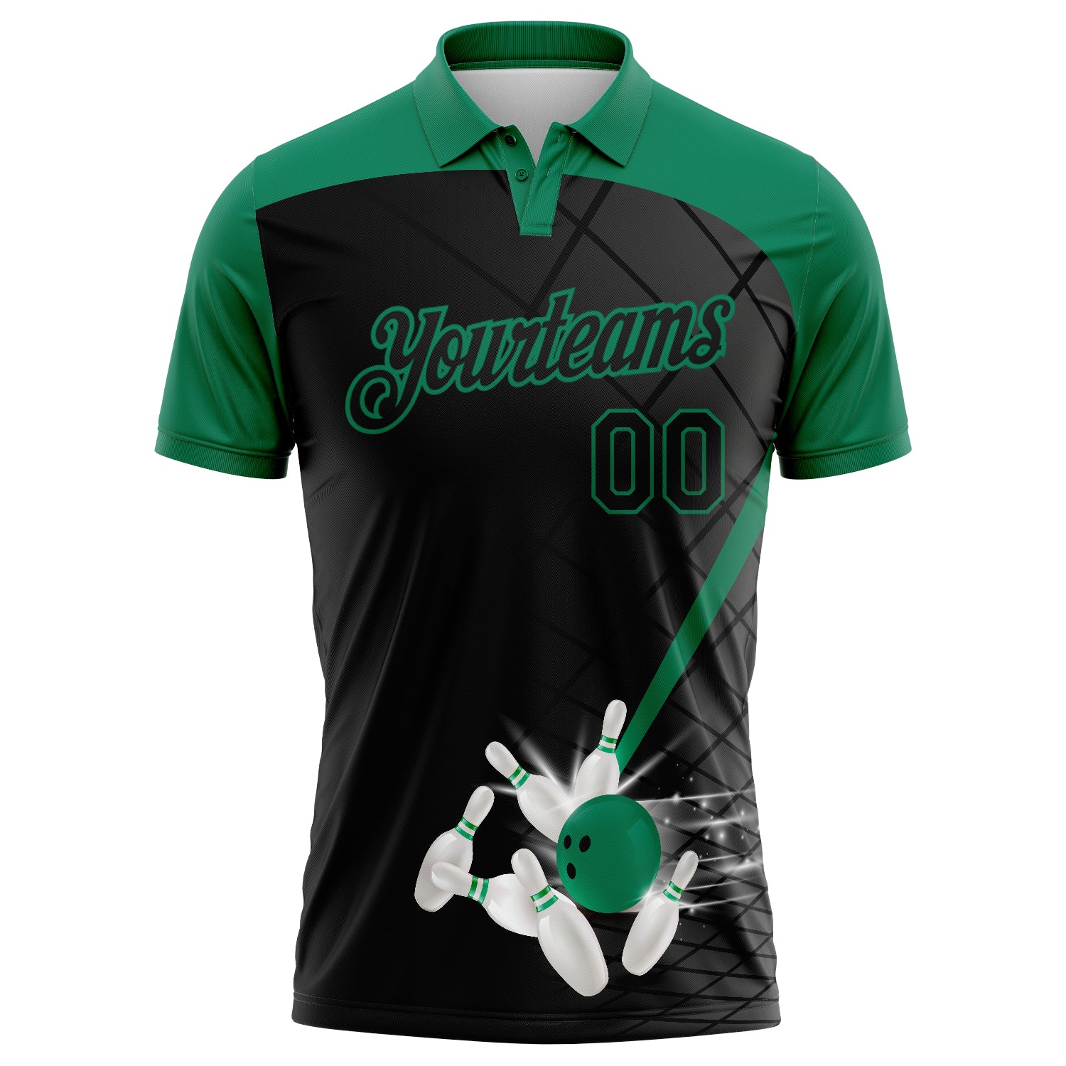 Custom Black Kelly Green 3D Pattern Design Bowling Performance Polo Shirt