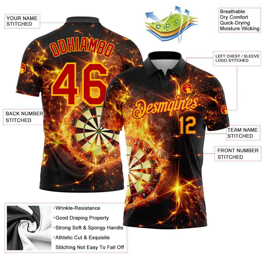 Custom Black Yellow-Red 3D Pattern Design Flame Dart Board Performance Golf Polo Shirt