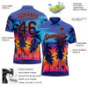 Custom Electric Blue Navy-Orange 3D Pattern Design Hawaii Palm Trees Performance Golf Polo Shirt